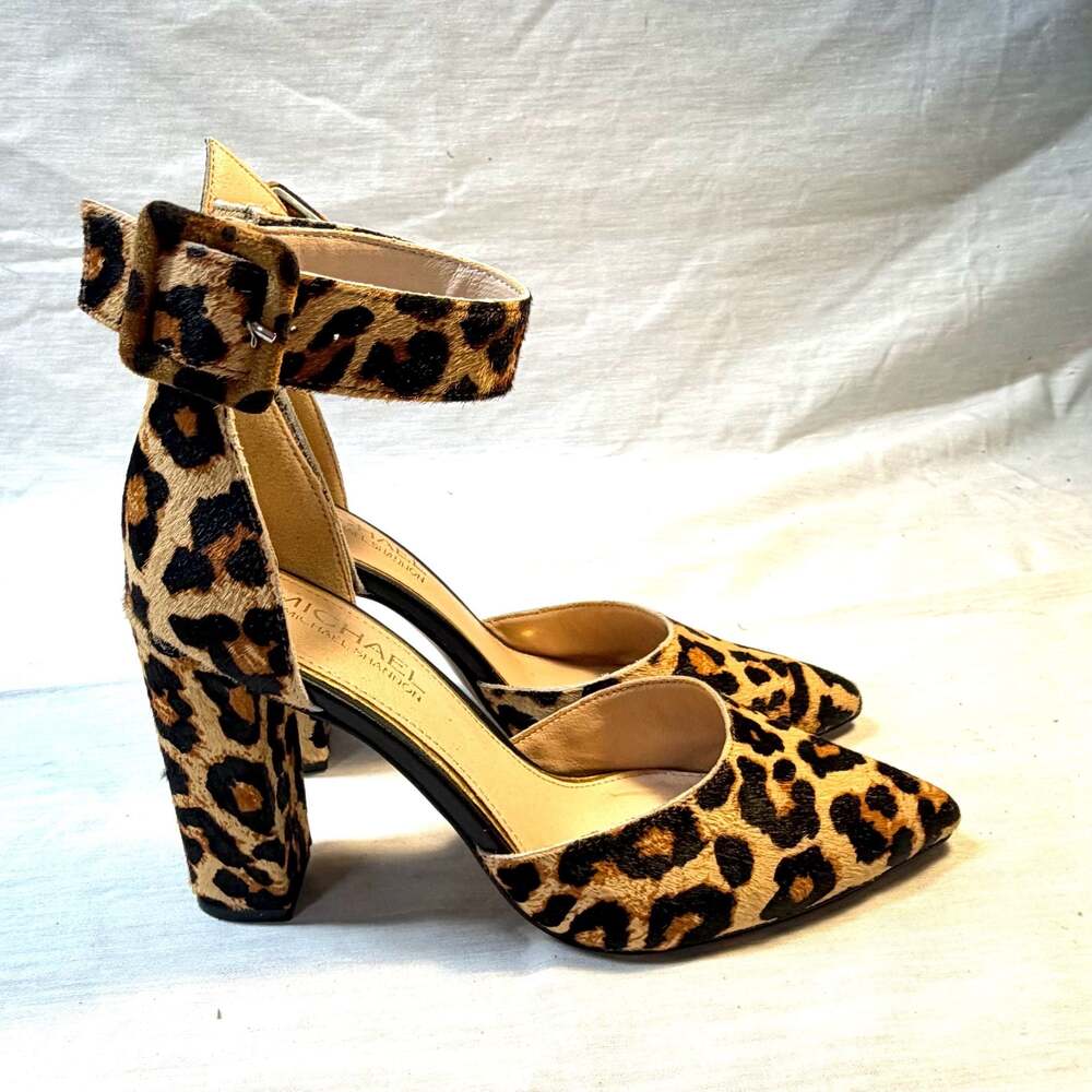 Michael Shannon Leopard Print Calf Hair Pointed Toe Ankle Strap Chunky Heels